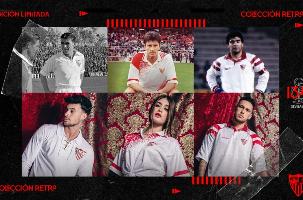 Algunas de las camisetas que el Sevilla reeditó para su aniversario número 134. Sevillafc.es.