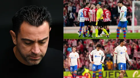 Xavi Hernández y sus jugadores tras la derrota en Bilbao.