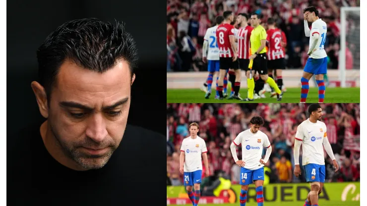 Xavi Hernández y sus jugadores tras la derrota en Bilbao.
