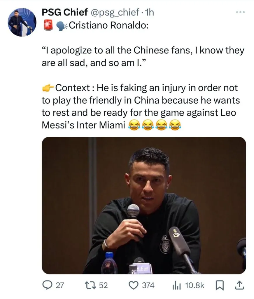 Acusación a Cristiano Ronaldo. (Foto: X / @psg_chief)