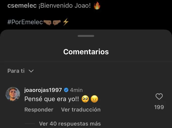 Este fue el comentario de Joao Rojas en la publicación de Emelec. (Captura de pantalla: @RonaldPin_)