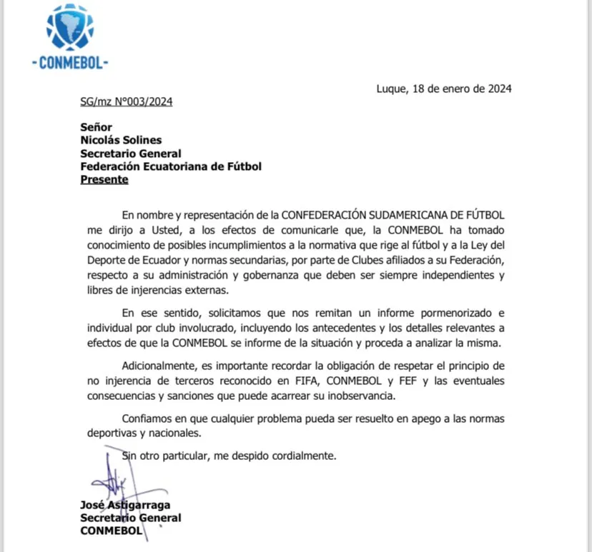 Esta fue la solicitud de Conmebol a FEF.