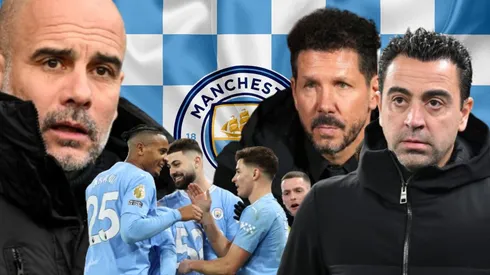 Pep Guardiola, sus jugadores en Manchester City, Xavi y Diego Simeone.