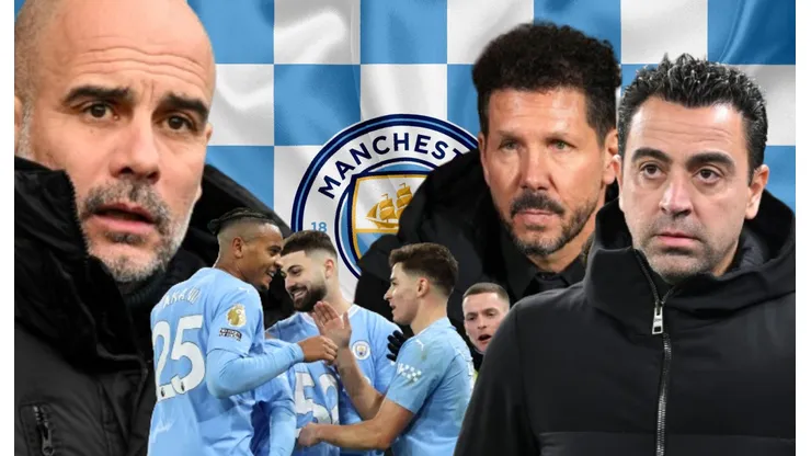 Pep Guardiola, sus jugadores en Manchester City, Xavi y Diego Simeone.