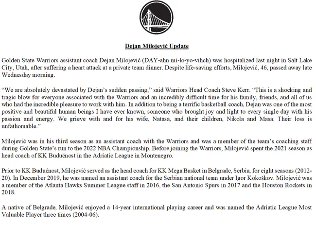 Falleció entrenador asistente de Warriors. (Foto: X / @WarriorsPR)