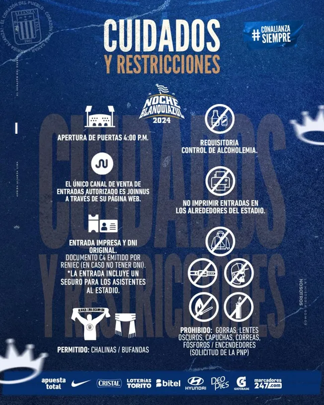 Recomendaciones de Alianza Lima para la Noche Blanquiazul 2024. (Foto: Club Alianza Lima).