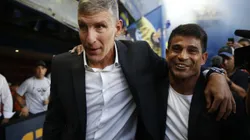 BUENOS AIRES, ARGENTINA - FEBRUARY 19: Martin Palermo coach of Platense and Hugo Ibarra coach of Boca Juniors embrace before a match between Boca Juniors and Platense as part of Liga Profesional 2023 at Estadio Alberto J. Armando on February 19, 2023 in Buenos Aires, Argentina. (Photo by Daniel Jayo/Getty Images)