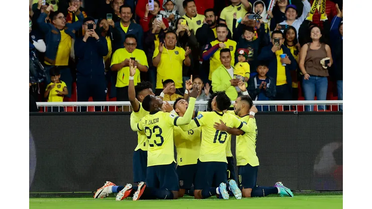 QUITO, ECUADOR - NOVEMBER 21: Angel Mena of Ecuador celebrates with teammates after scoring the team's first goal during a FIFA World Cup 2026 Qualifier match between Ecuador and Chile at Estadio Rodrigo Paz Delgado on November 21, 2023 in Quito, Ecuador. (Photo by Franklin Jacome/Getty Images)
