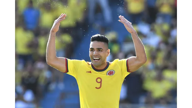 BARRANQUILLA, COLOMBIA - JANUARY 28: Radamel Falcao of Colombia reacts during a match between Colombia and Peru as part of FIFA World Cup Qatar 2022 Qualifiers at Roberto Melendez Metropolitan Stadium on January 28, 2022 in Barranquilla, Colombia. (Photo by Gabriel Aponte/Getty Images)