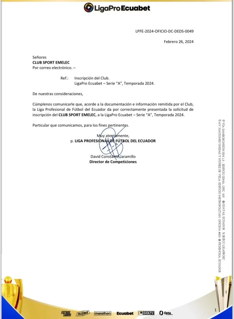 Con este documento se confirmó que Emelec cuenta con TODO su equipo para el comienzo de la LigaPro 2024. (Foto: @majogavilanesa)