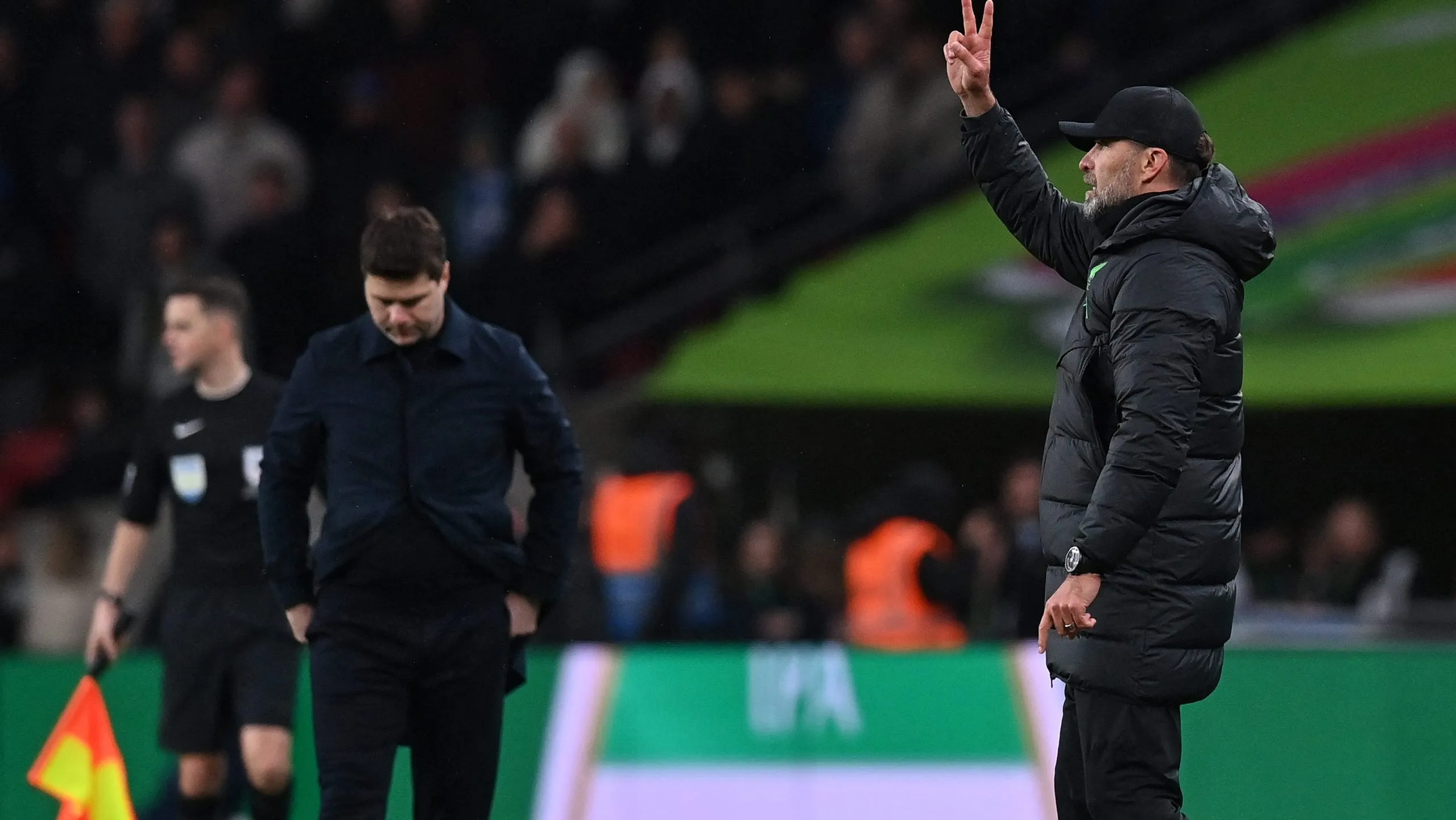 Mauricio Pochettino en el duelo con el Liverpool de Jurgen Klopp. Getty Images.