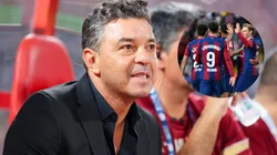 Marcelo Gallardo y jugadores del Barcelona.