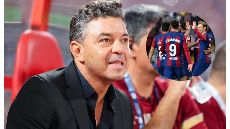 Marcelo Gallardo y jugadores del Barcelona.