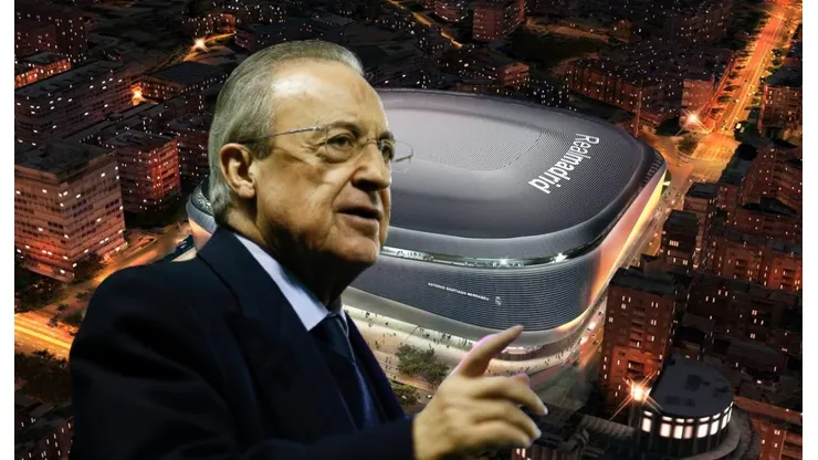 Florentino Pérez y el nuevo Santiago Bernabéu de fondo.