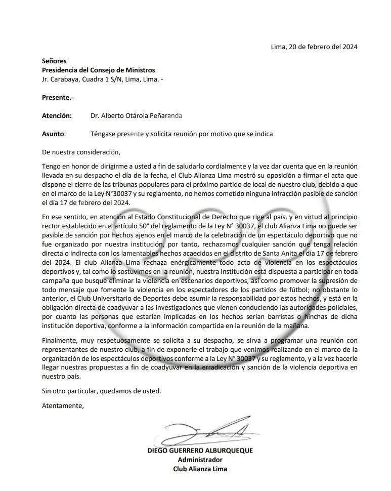 Alianza Lima se dirige al gobierno central. (Foto: RPP Noticias).