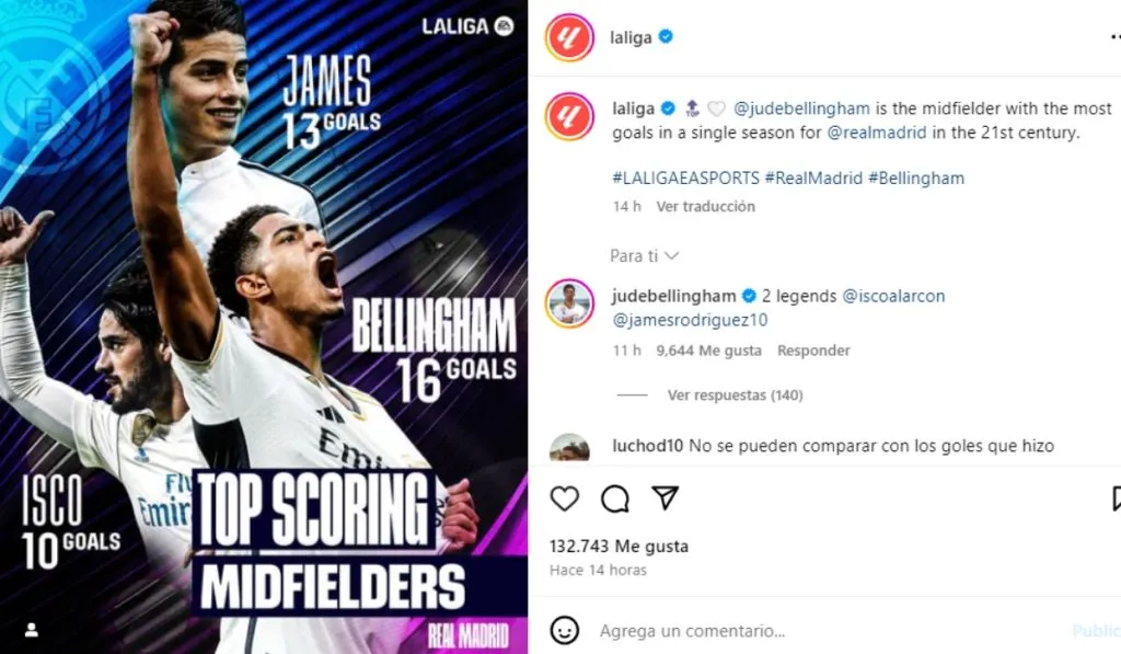 El post de LaLiga donde Bellingham elogió a James: LaLiga