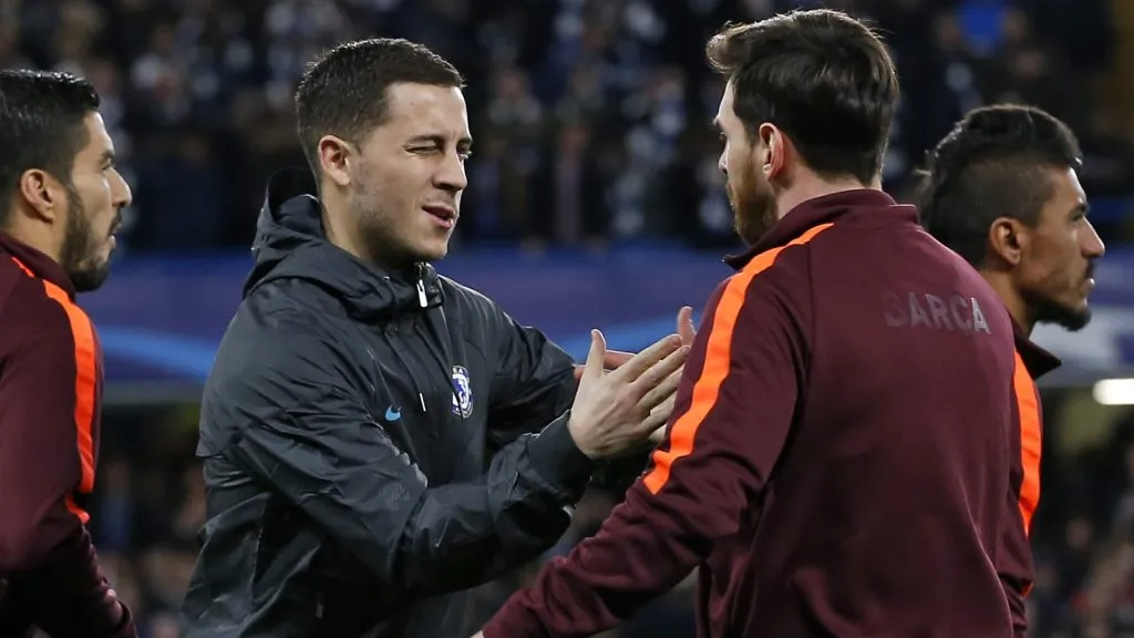Eden Hazard junto a Lionel Messi. Getty Images.
