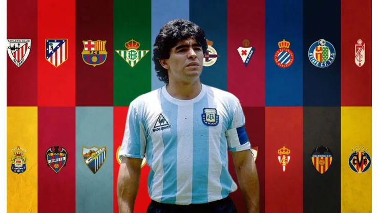 Diego Armando Maradona y los escudos de LaLiga.