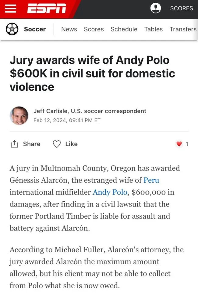 Información sobre la sentencia a Andy Polo. (Foto: ESPN).