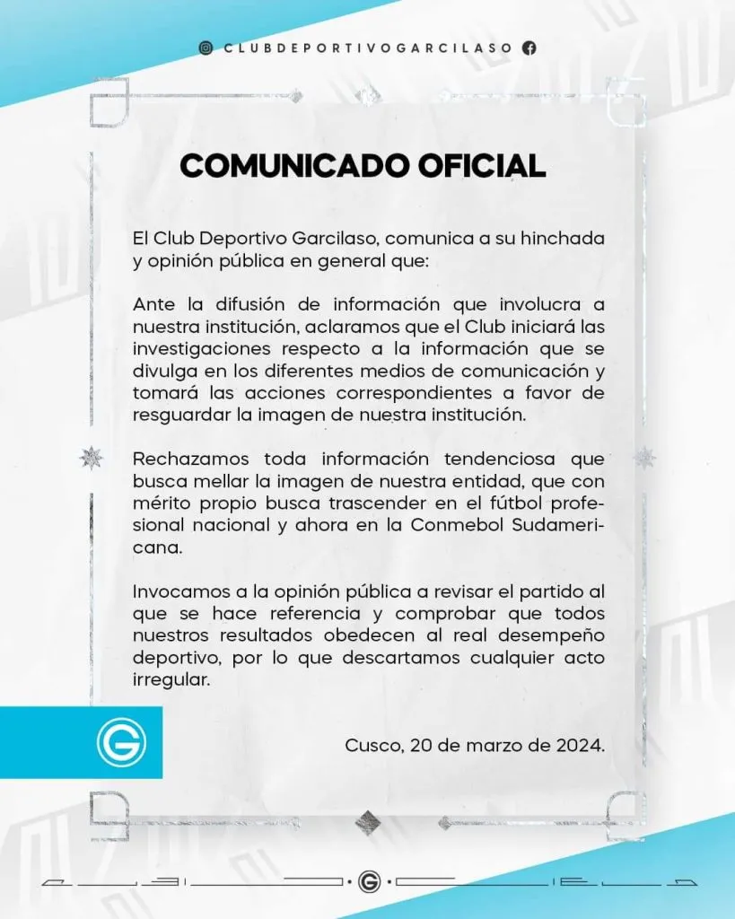 Comunicado de respuesta del Deportivo Garcilaso. (Foto: Twitter).