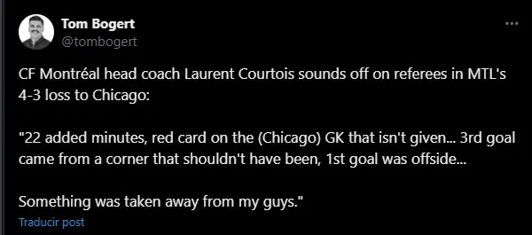 Denuncia del DT de CF Montréal. (Foto: X / @tombogert)