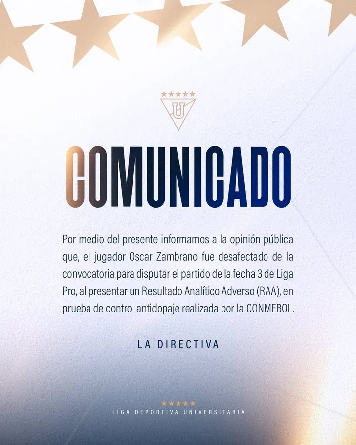 Este fue el comunicado de Liga de Quito en sus redes sociales. (Foto: @LDU_Oficial)