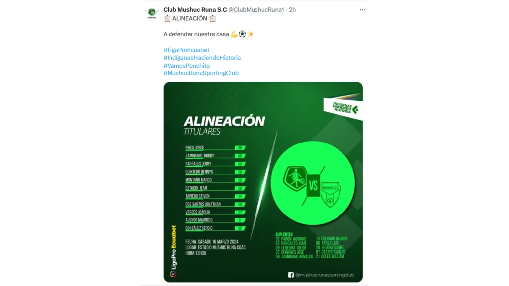 Jorge Pinos fue anunciado en el once titular de Mushuc Runa. (Foto: @ClubMushucRuna1)