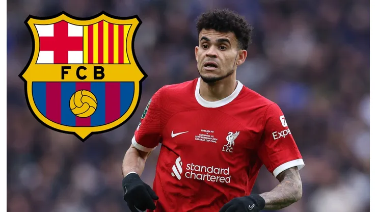 Luis Díaz y escudo del Barcelona.