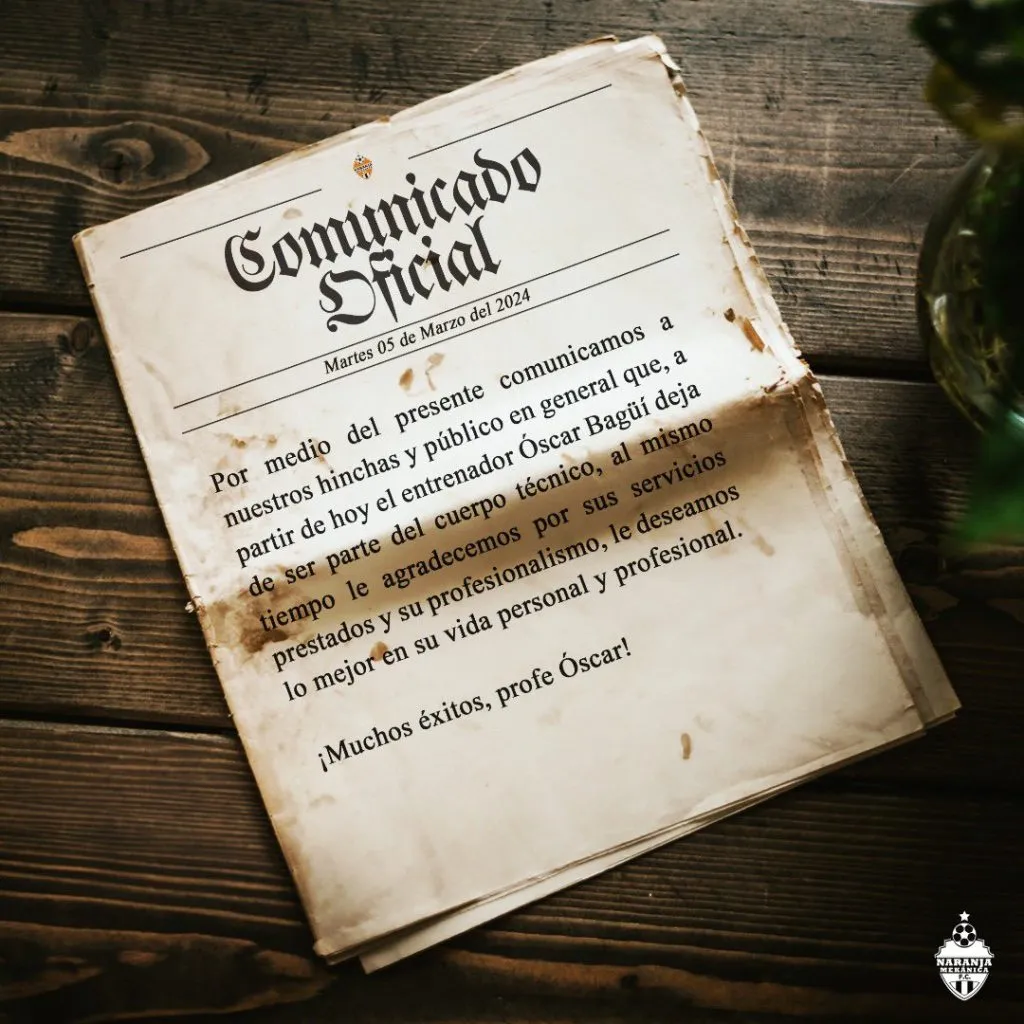 Con este comunicador Óscar Bagüí dejó de ser entrenador de Naranja Mekanica.