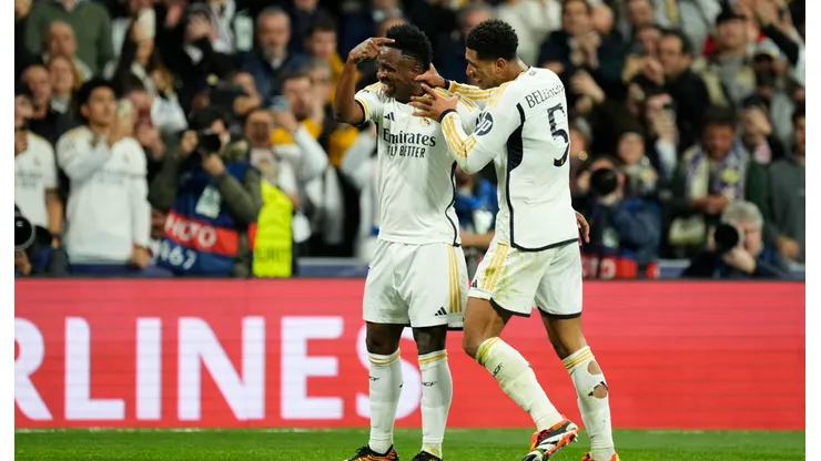 Vinicius y Bellingham festejan el gol ante Leipzig.
