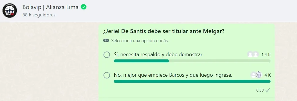 Encuesta Alianza en Bolavip. (Foto: Captura Whatsapp Bolavip)