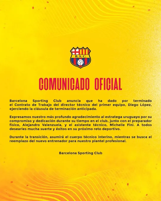Así confirmó Barcelona SC la salida de Diego López. (Foto: @BarcelonaSC)