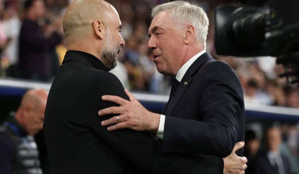 Guardiola y Ancelotti se saludan antes del Real Madrid vs. Manchester City: IMAGO