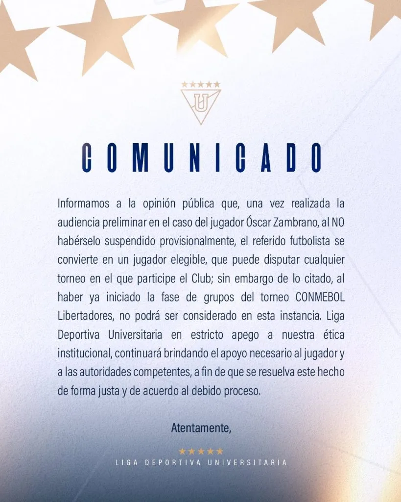 Comunicado de Liga de Quito. Foto: LDUQ.