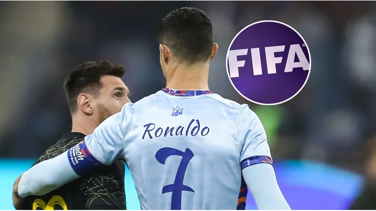 Lionel Messi, Cristiano Ronaldo y el logo de la FIFA.