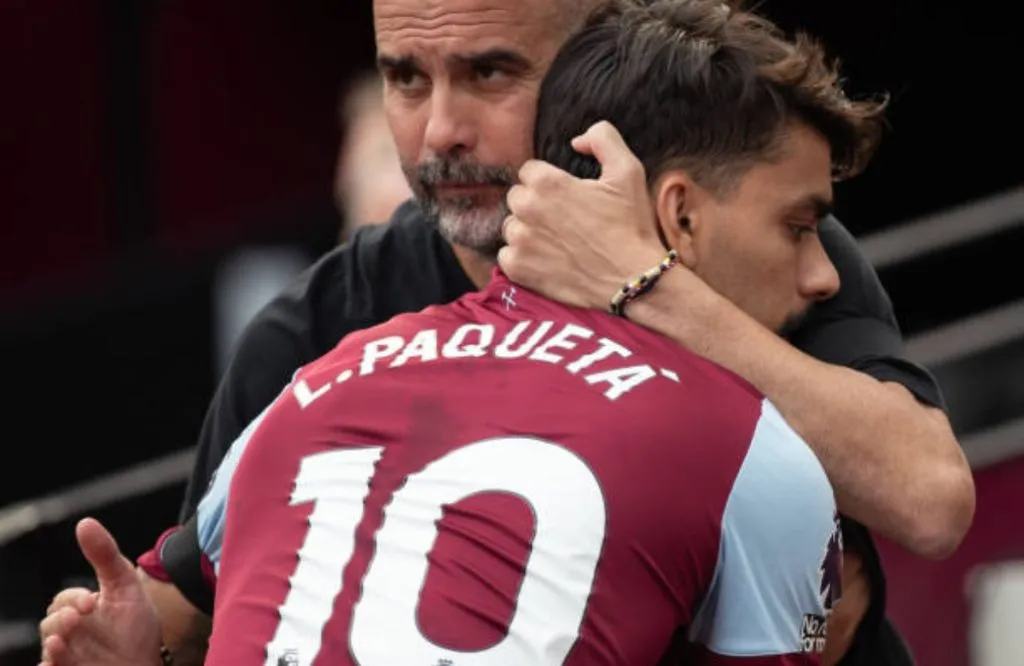 Pep Guardiola y Paquetá en un Manchester City vs. West Ham: IMAGO