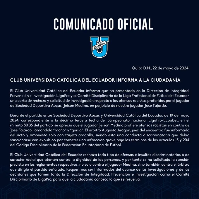 El comunicado de Universidad Católica sobre los insultos racistas de Jeison Medina. (Foto: @UCatolicaEC)