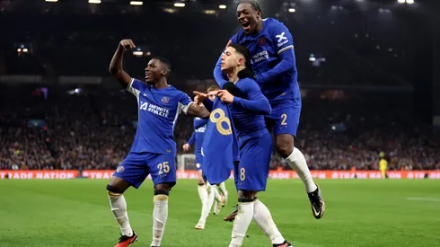 BIRMINGHAM, ENGLAND - FEBRUARY 07: Enzo Fernandez of Chelsea celebrates with Moises Caicedo and Axel Disasi of Chelsea after scoring his team's third goal from a direct free-kick during the Emirates FA Cup Fourth Round Replay match between Aston Villa and Chelsea at Villa Park on February 07, 2024 in Birmingham, England. (Photo by Catherine Ivill/Getty Images)