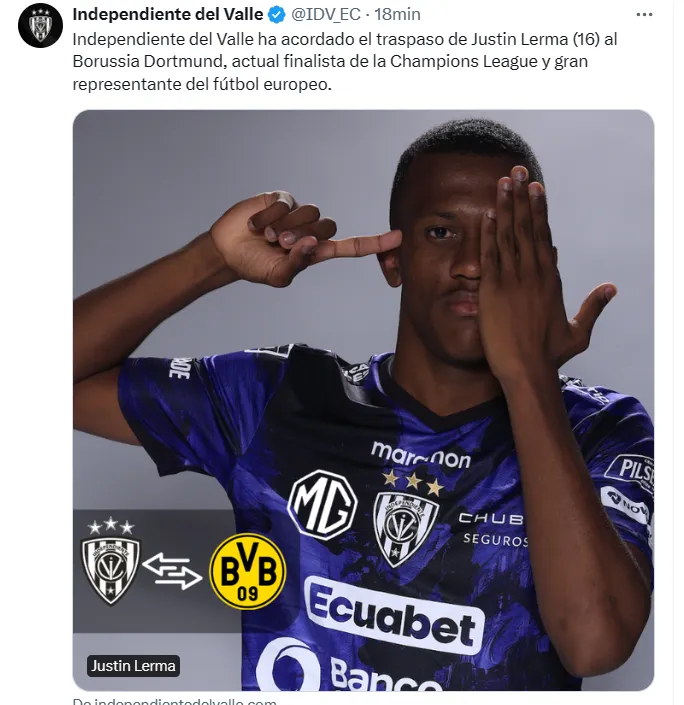 Así confirmó Independiente del Valle la venta de Justin Lerma. (Foto: @IDV_EC)