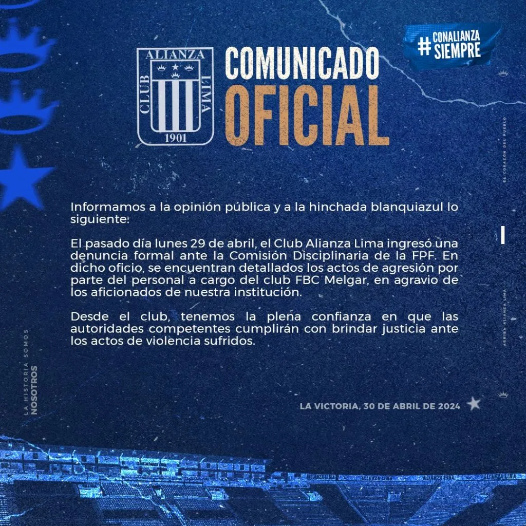 Comunicado de Alianza Lima. (Foto: Alianza Lima).