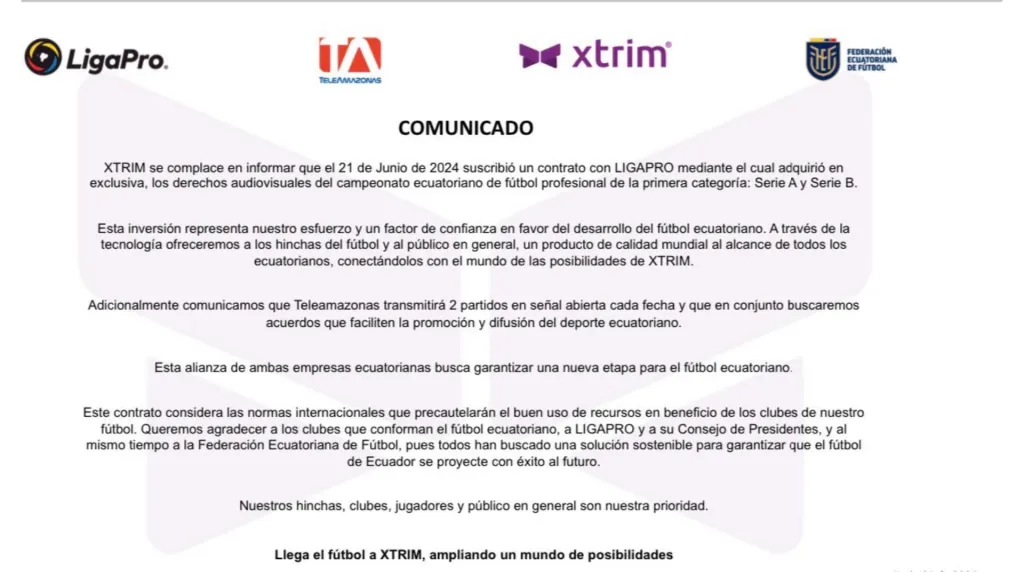 Así fue el comunicado de XTRIM que confirma la tranmisión de la segunda etapa de la LigaPro. (Foto: @Xtrimecuador)