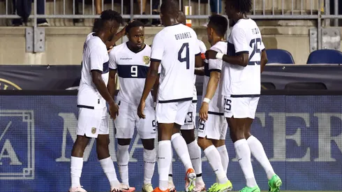 CHESTER, PENNSYLVANIA - JUNE 12: John Yeboah #9 of Ecuador reacts with teammates after scoring the team's second goal during the first half against Bolivia at Subaru Park on June 12, 2024 in Chester, Pennsylvania. (Photo by Tim Nwachukwu/Getty Images)