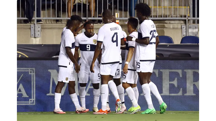 CHESTER, PENNSYLVANIA - JUNE 12: John Yeboah #9 of Ecuador reacts with teammates after scoring the team's second goal during the first half against Bolivia at Subaru Park on June 12, 2024 in Chester, Pennsylvania. (Photo by Tim Nwachukwu/Getty Images)