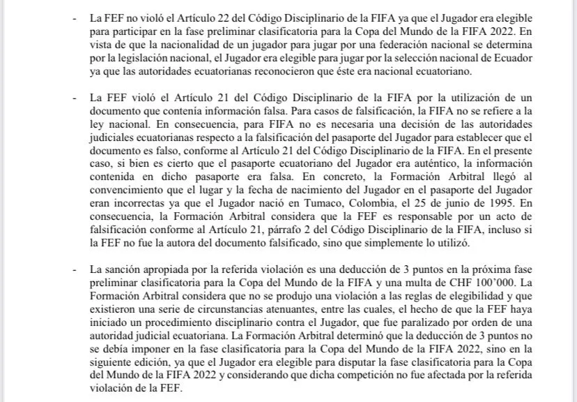 Resolución del TAS sobre lugar de nacimiento de Byron Castillo.