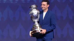 MIAMI, FLORIDA - DECEMBER 07: Lionel Scaloni, Head Coach of Argentina, presents the Copa America trophy during the official draw of CONMEBOL Copa America 2024 at James L. Knight Center on December 07, 2023 in Miami, Florida. (Photo by Eva Marie Uzcategui/Getty Images)