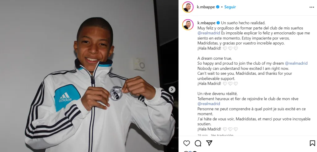 El posteo de Mbappé tras el anuncio oficial.
