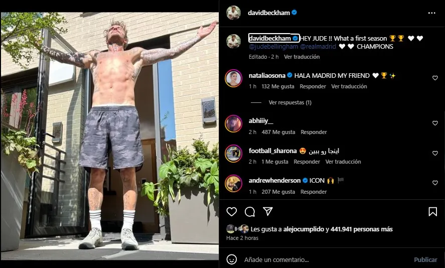 Beckham celebró el título del Madrid en la Champions