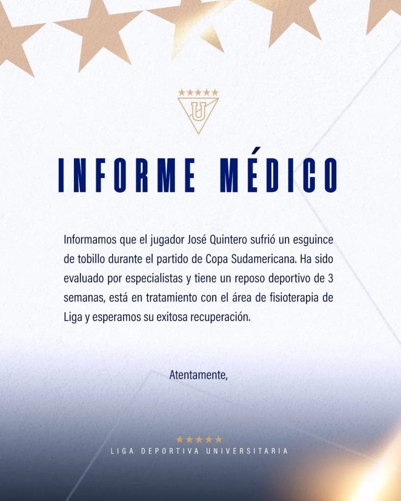3 semanas de baja para el ‘Choclo’ Quintero. (Foto: @LDU_Oficial)