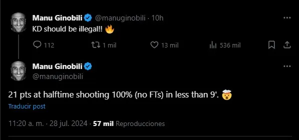 Manu reacciona por Durant en los Olímpicos. (Foto: X / @manuginobili)