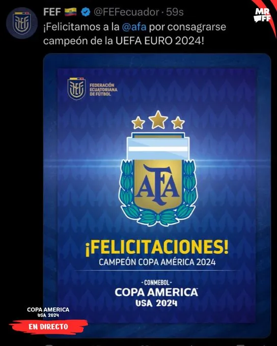 El error de Ecuador felicitando a Argentina. (Foto: @FEFecuador)